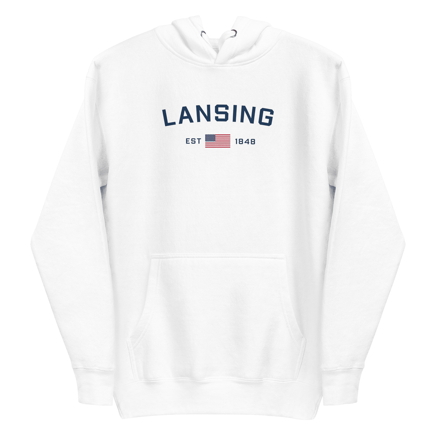 'Lansing EST 1848' Hoodie (w/. USA Flag Outline) | Unisex Premium - Circumspice Michigan