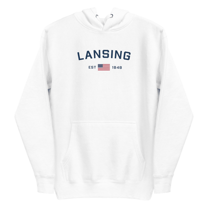 'Lansing EST 1848' Hoodie (w/. USA Flag Outline) | Unisex Premium - Circumspice Michigan