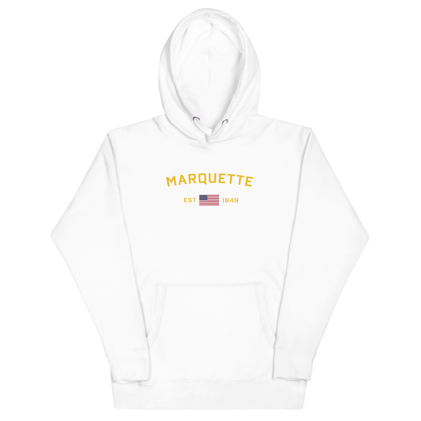 'Marquette EST 1849' Hoodie (Gold Type w/ USA Flag Outline) | Unisex Premium - Circumspice Michigan