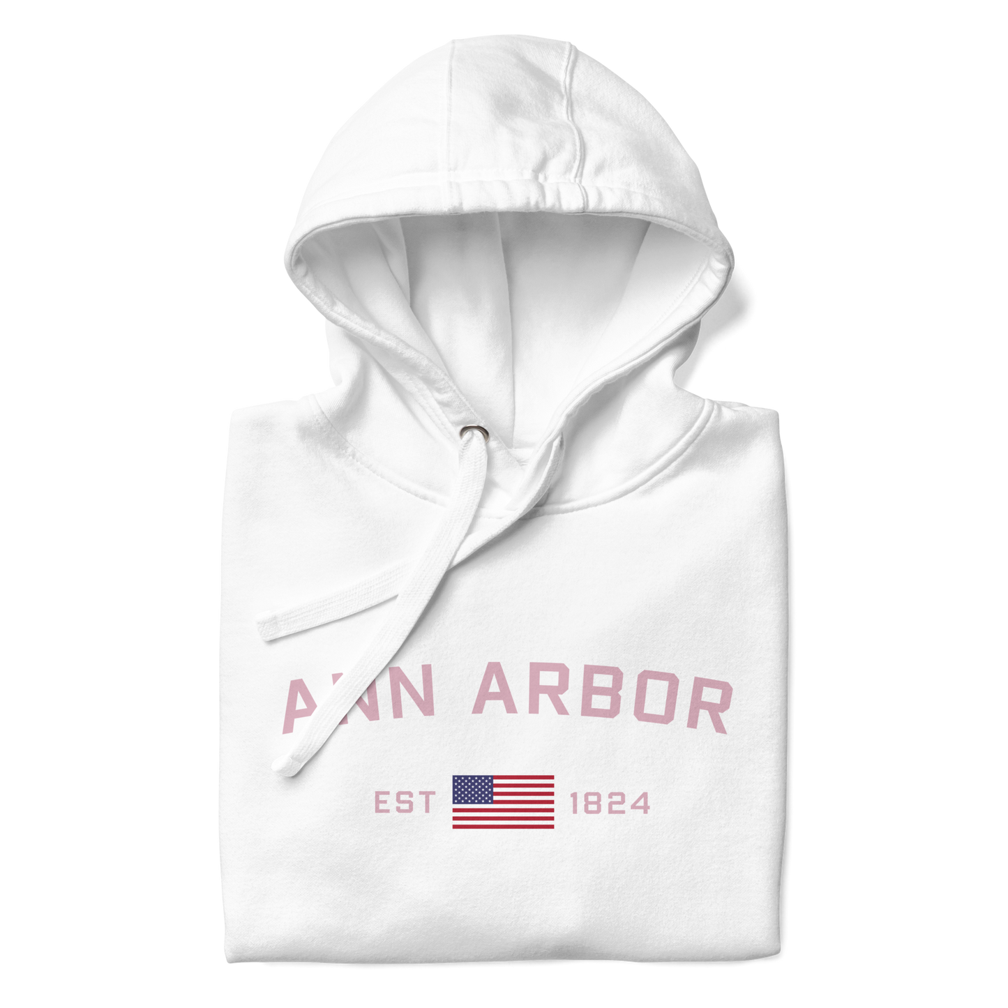 'Ann Arbor 1824' Unisex Premium Hoodie (Pink Type w/USA Flag Outline)