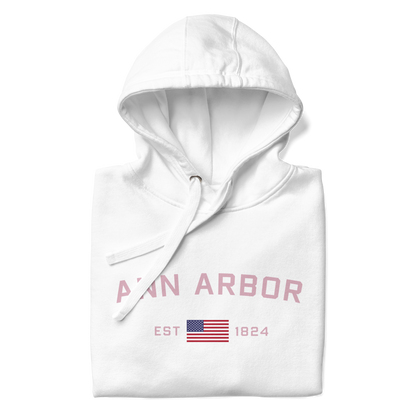 'Ann Arbor 1824' Unisex Premium Hoodie (Pink Type w/USA Flag Outline)