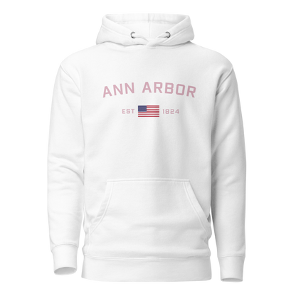 'Ann Arbor 1824' Unisex Premium Hoodie (Pink Type w/USA Flag Outline)