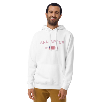 'Ann Arbor 1824' Unisex Premium Hoodie (Pink Type w/USA Flag Outline)