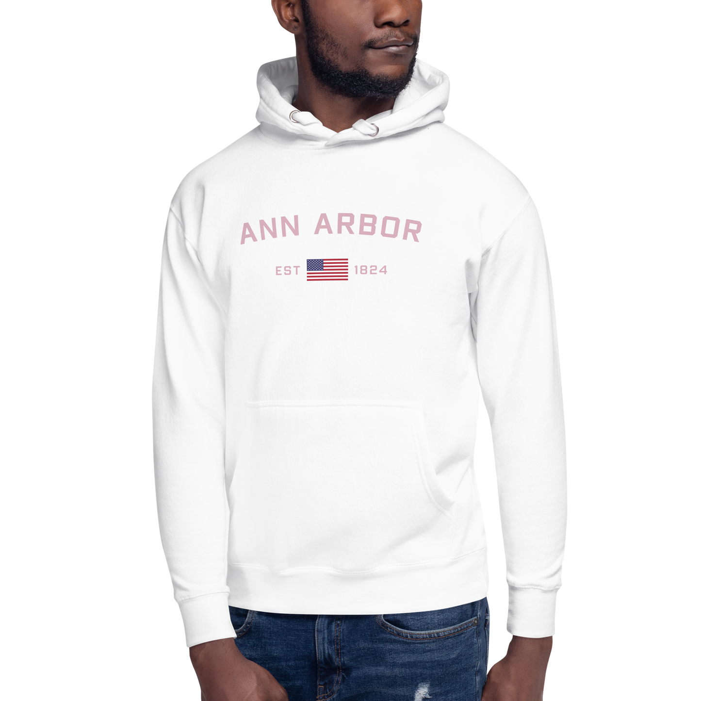 'Ann Arbor 1824' Unisex Premium Hoodie (Pink Type w/USA Flag Outline)