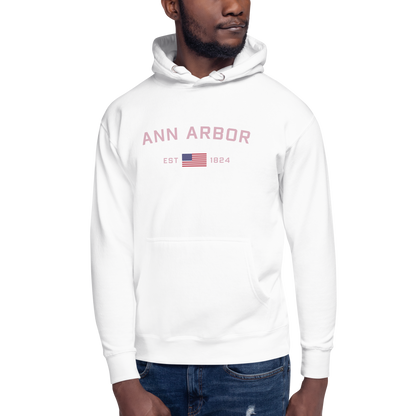 'Ann Arbor 1824' Unisex Premium Hoodie (Pink Type w/USA Flag Outline)