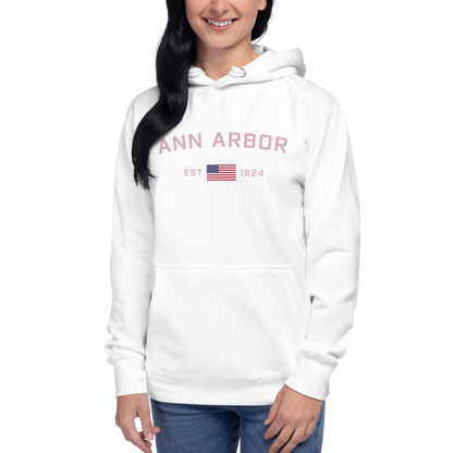 'Ann Arbor 1824' Unisex Premium Hoodie (Pink Type w/USA Flag Outline)