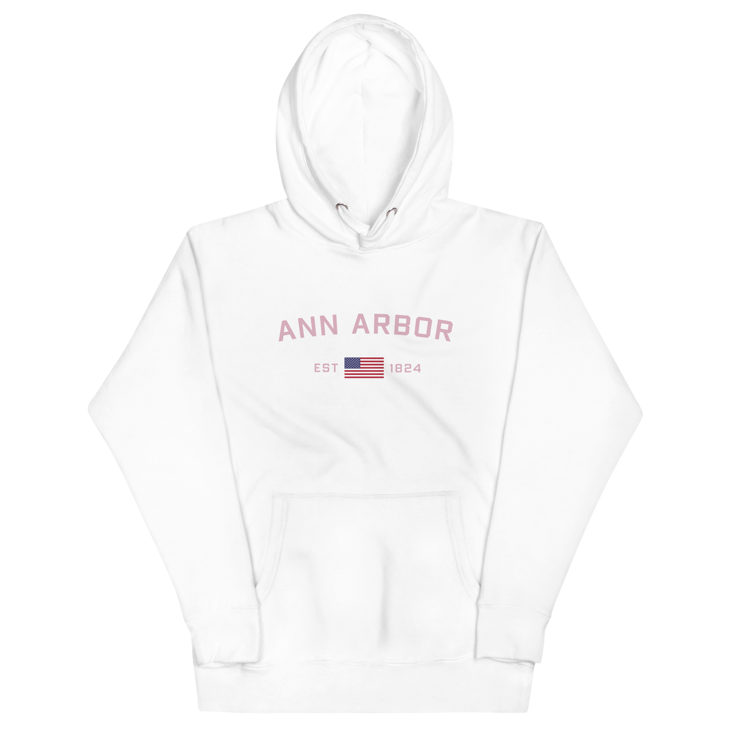 'Ann Arbor 1824' Unisex Premium Hoodie (Pink Type w/USA Flag Outline)