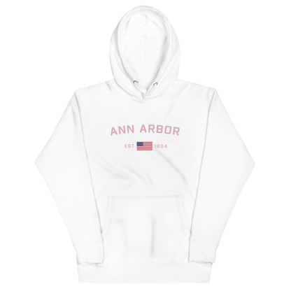 'Ann Arbor 1824' Unisex Premium Hoodie (Pink Type w/USA Flag Outline)