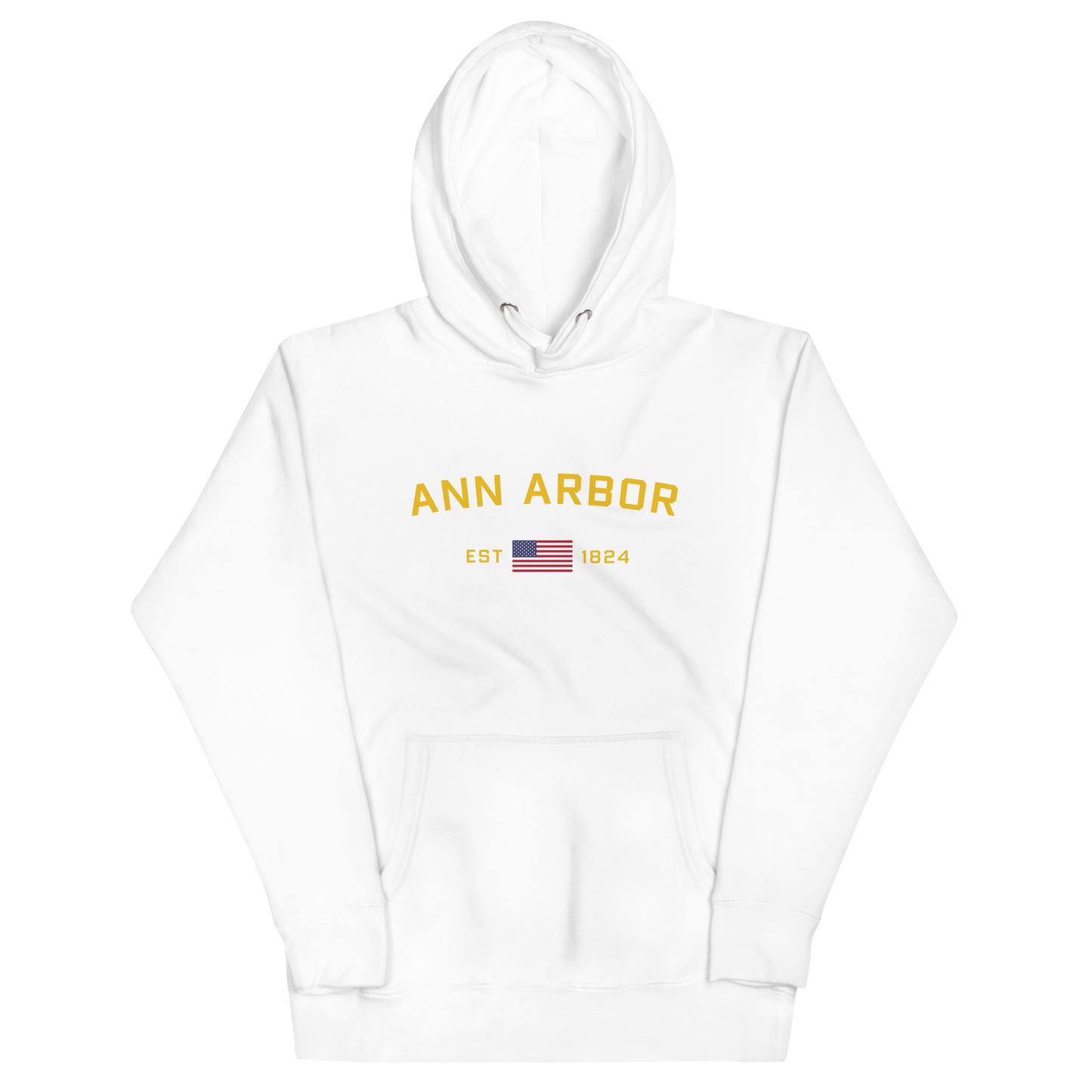 'Ann Arbor EST 1824' Unisex Premium Hoodie (Gold Type w/USA Flag Outline)