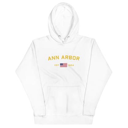 'Ann Arbor EST 1824' Unisex Premium Hoodie (Gold Type w/USA Flag Outline)