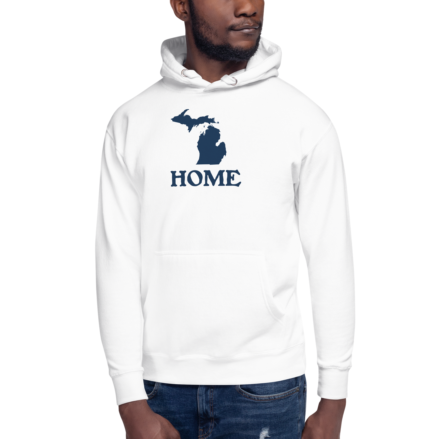 Michigan 'Home' Unisex Premium Hoodie (Woodcut Font w/ MI Outline)