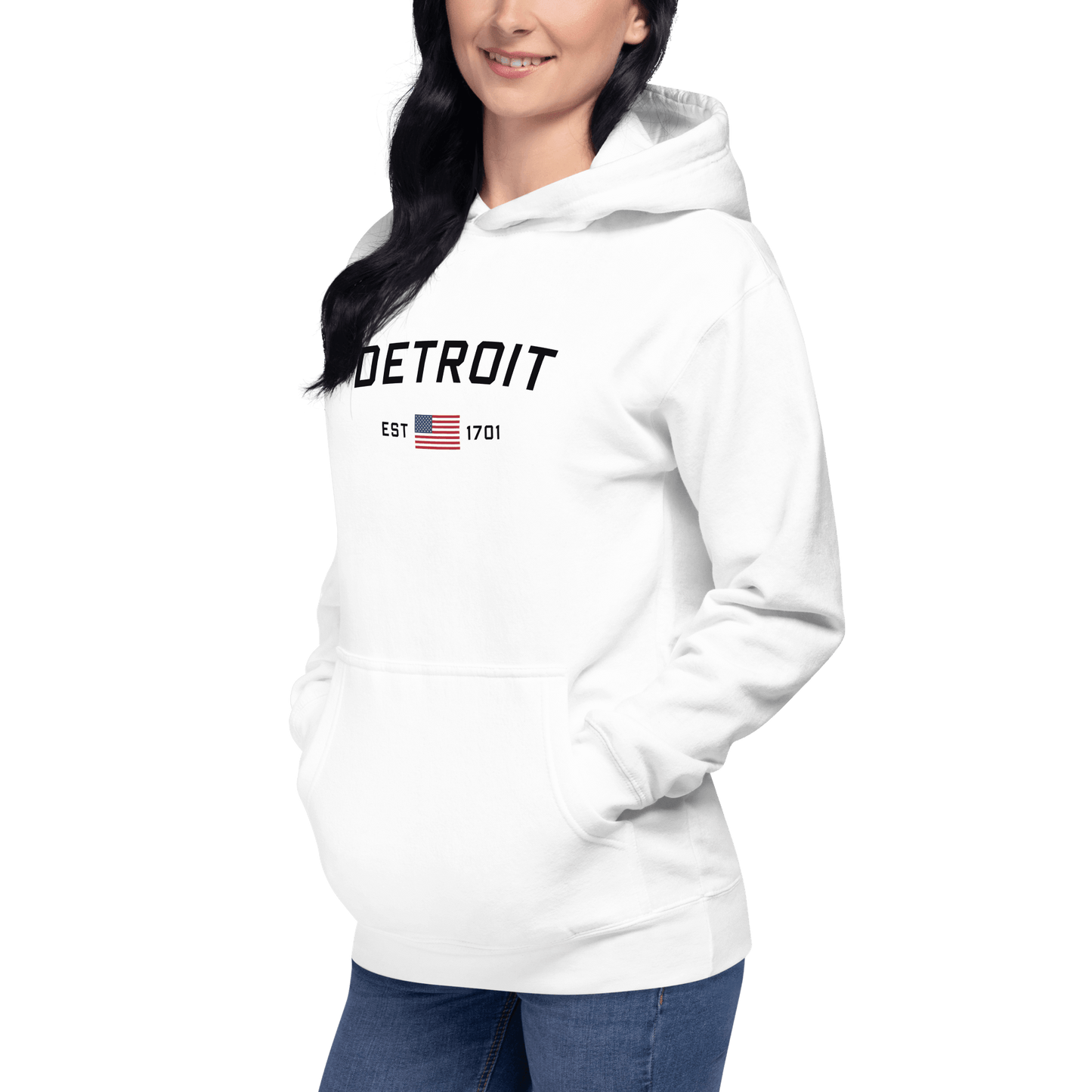 'Detroit EST 1701' Hoodie (w/ United States Flag) | Unisex Premium - Circumspice Michigan