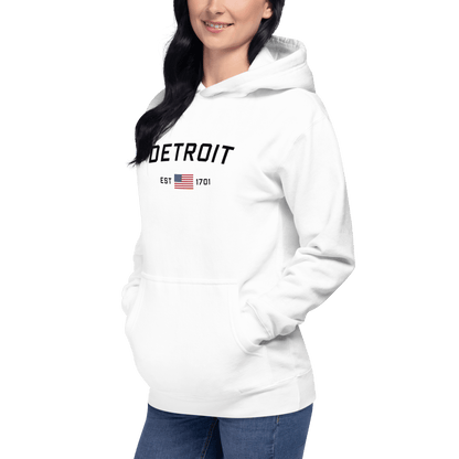 'Detroit EST 1701' Hoodie (w/ United States Flag) | Unisex Premium - Circumspice Michigan