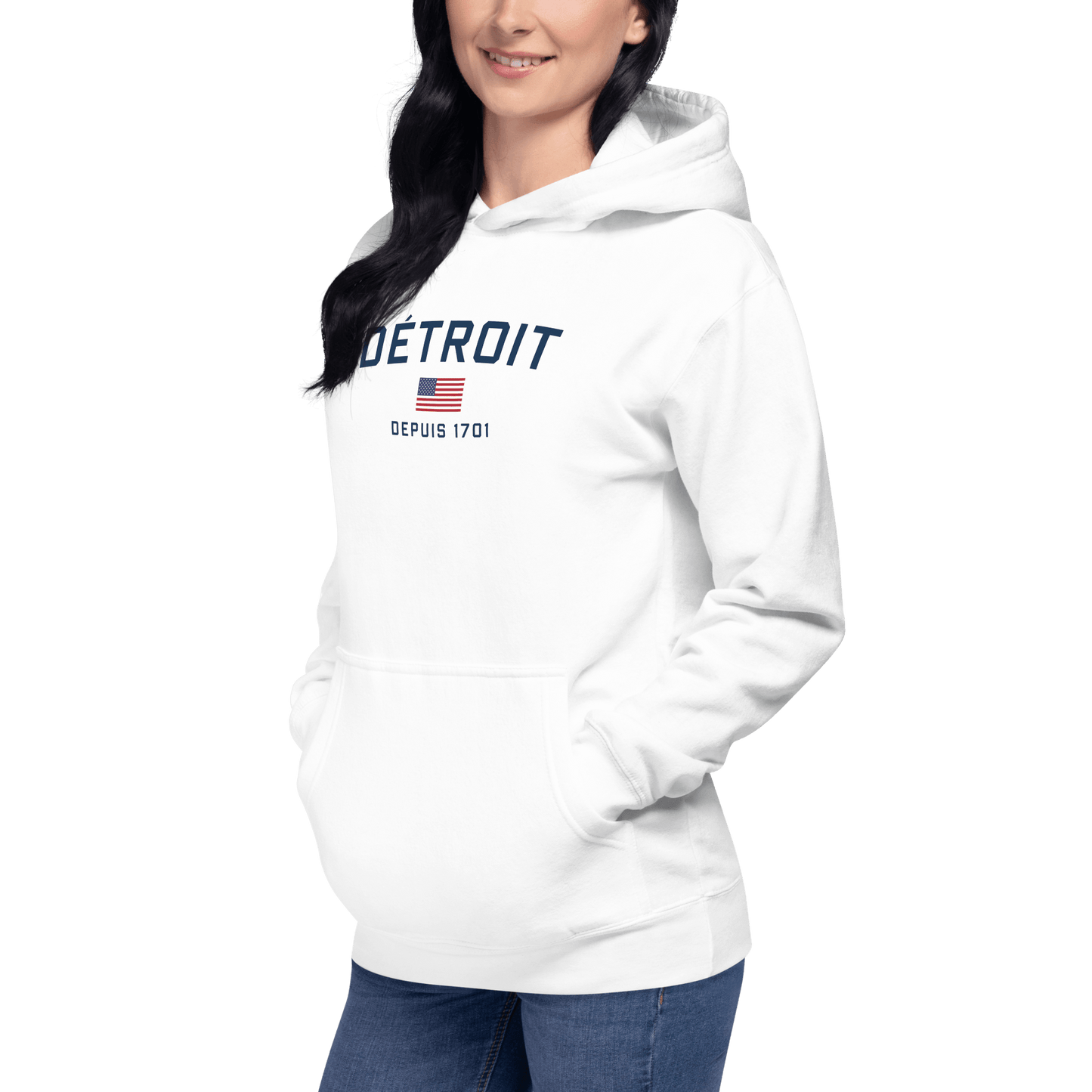 'Détroit Depuis 1701' Hoodie (White/Navy Lettering) | Unisex Premium - Circumspice Michigan