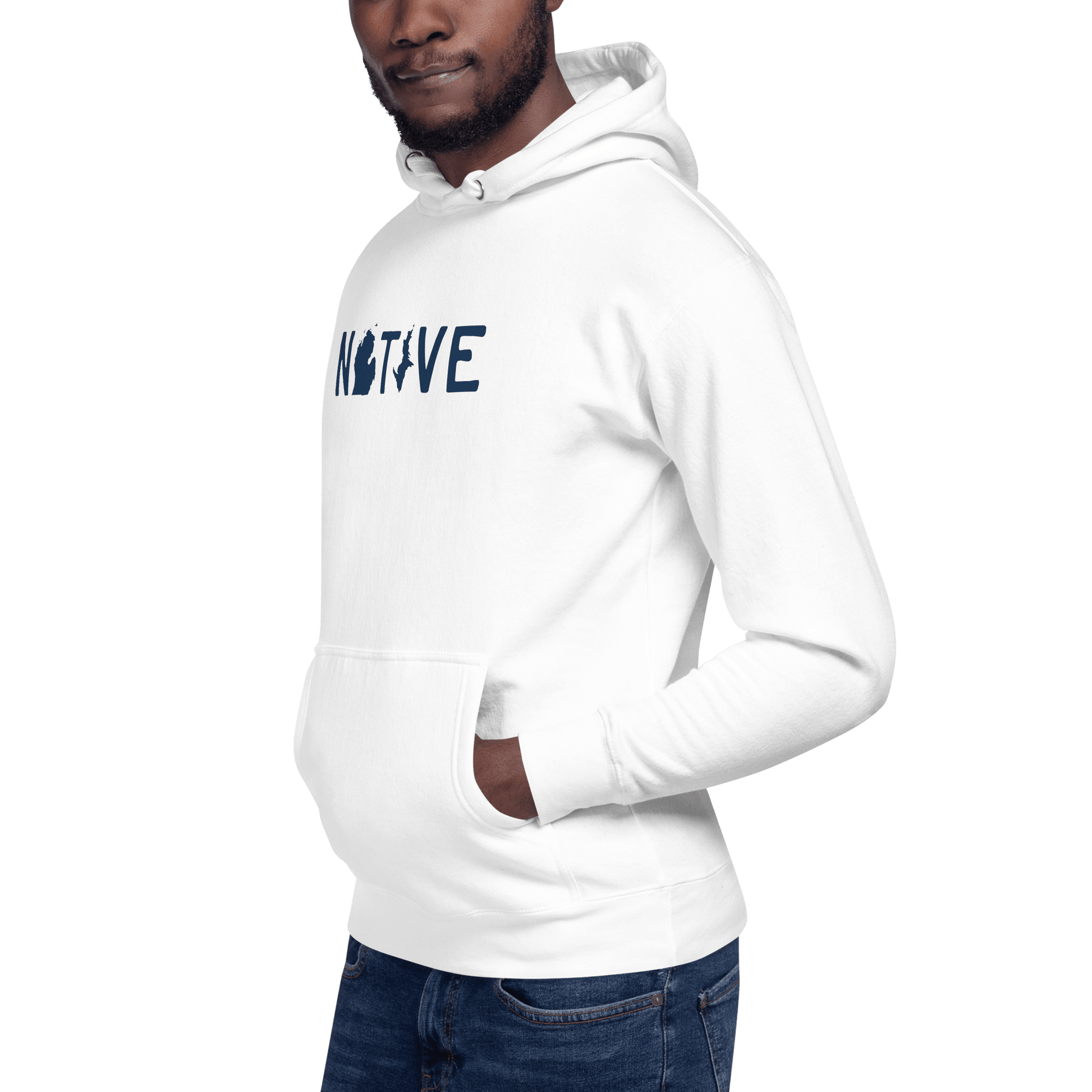 Michigan 'Native' Hoodie (White/Navy Licence Plate Font) | Unisex Premium - Circumspice Michigan