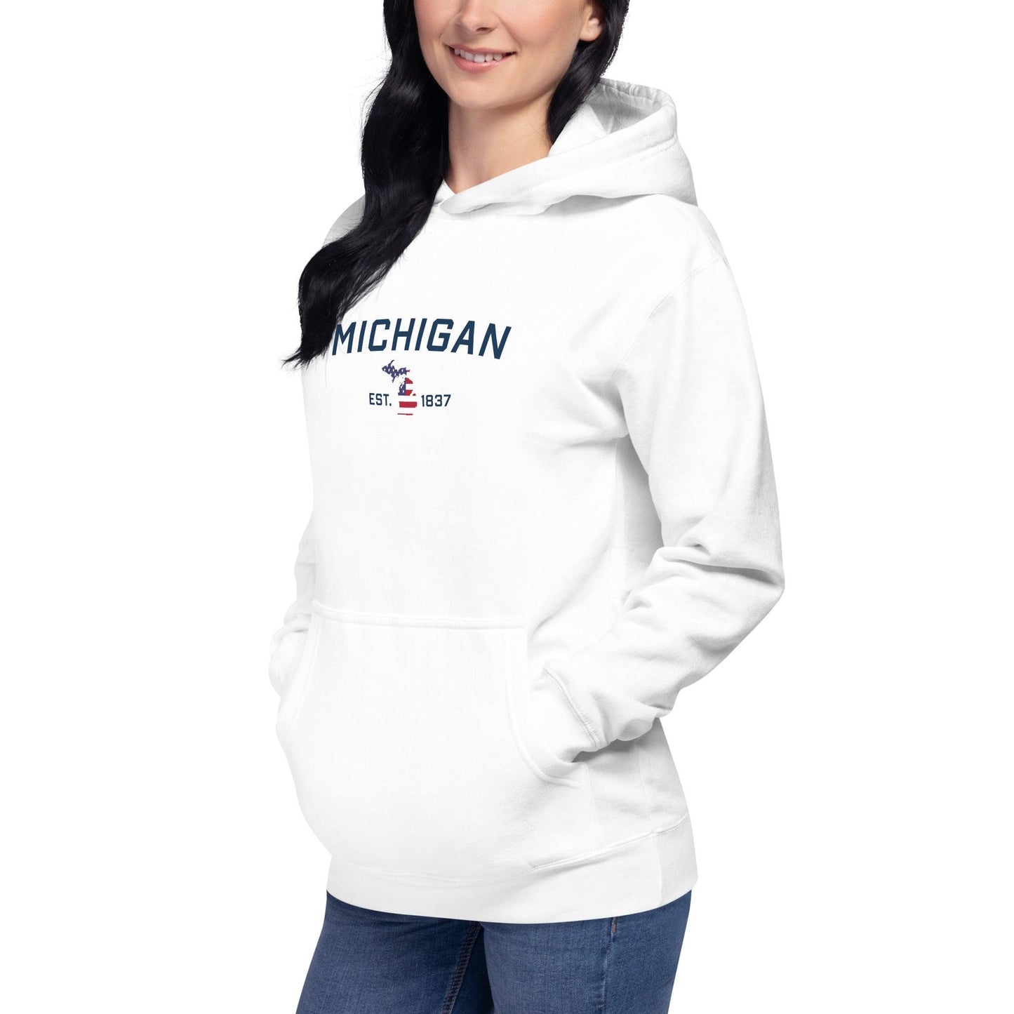 'Michigan EST 1837' Hoodie (w/ USA Flag MI Outline) | Unisex Premium - Circumspice Michigan