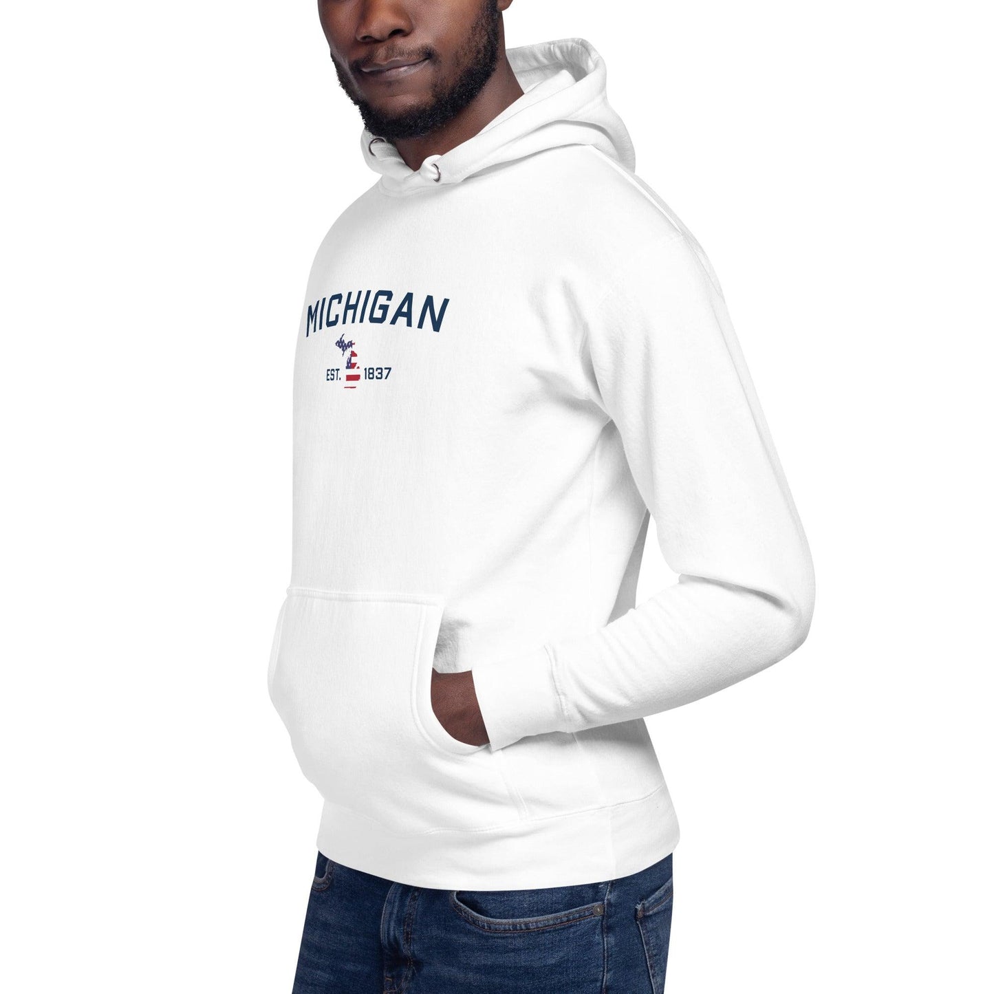 'Michigan EST 1837' Hoodie (w/ USA Flag MI Outline) | Unisex Premium - Circumspice Michigan