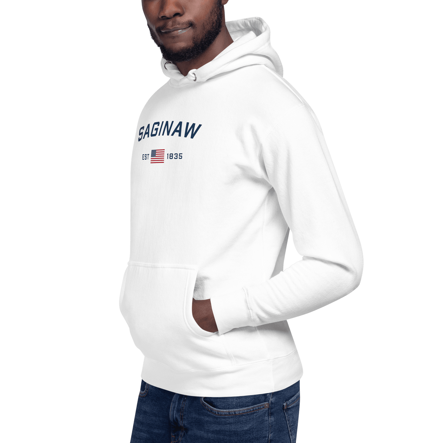 'Saginaw EST 1835' Hoodie (w/ USA Flag Outline) | Unisex Premium - Circumspice Michigan