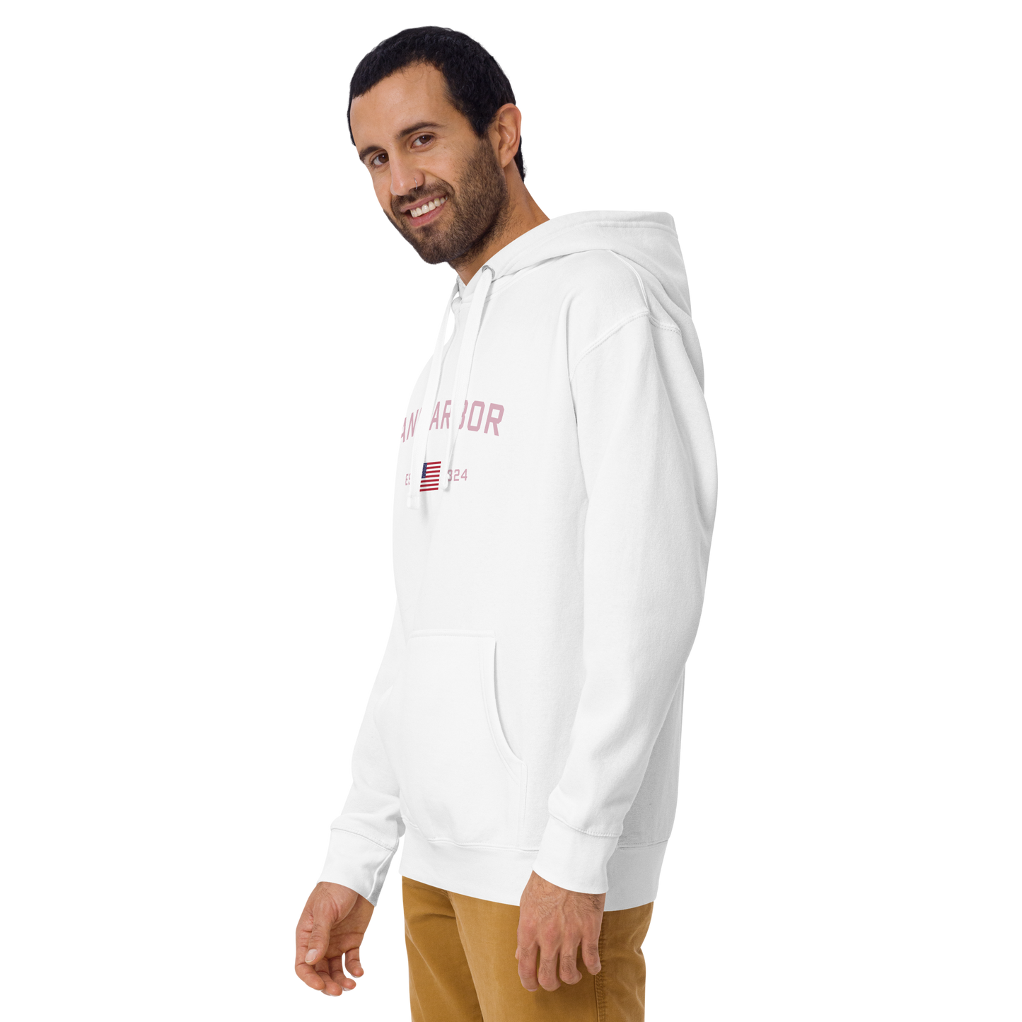 'Ann Arbor 1824' Unisex Premium Hoodie (Pink Type w/USA Flag Outline)