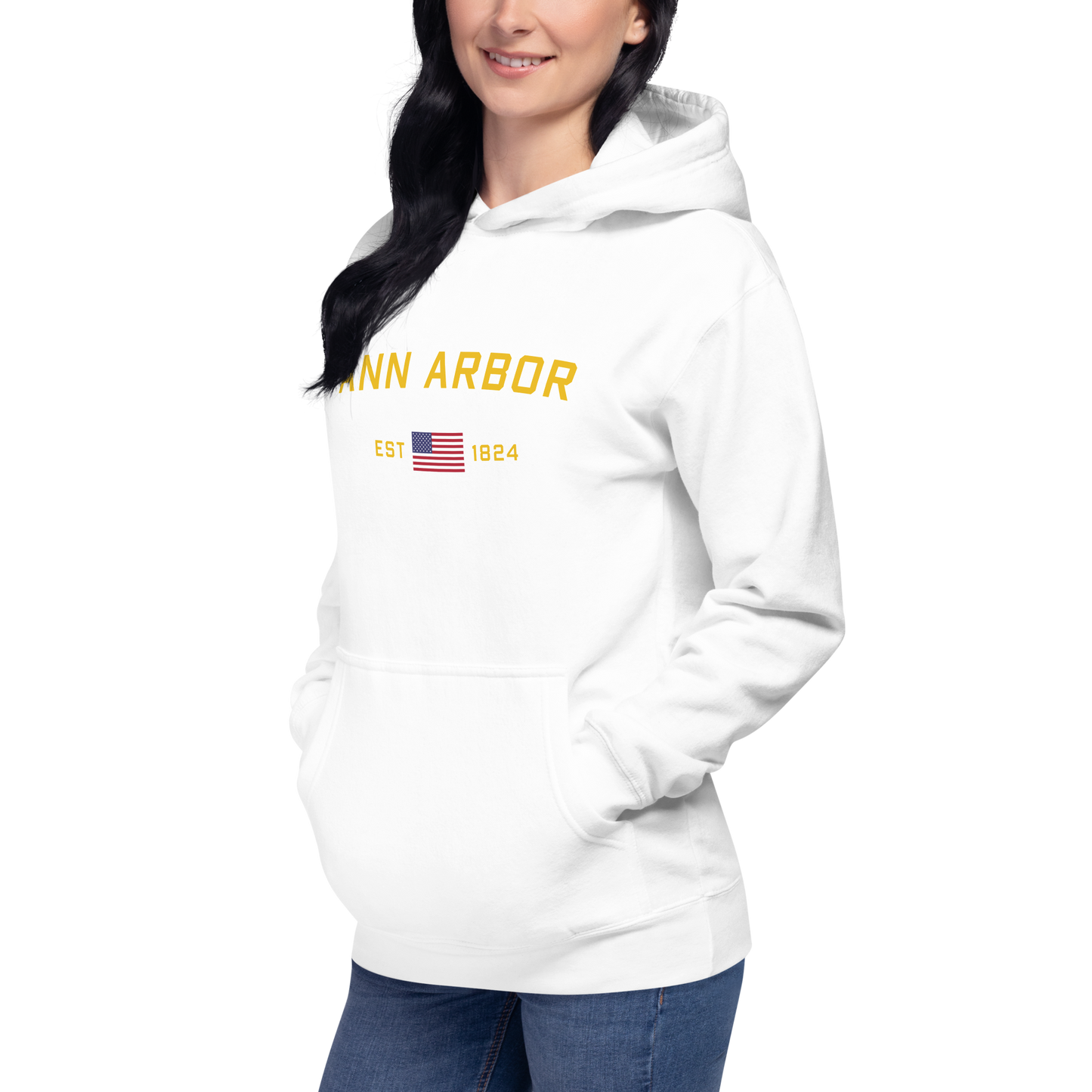 'Ann Arbor EST 1824' Unisex Premium Hoodie (Gold Type w/USA Flag Outline)