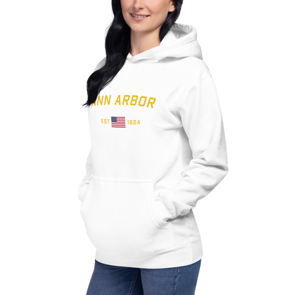 'Ann Arbor EST 1824' Unisex Premium Hoodie (Gold Type w/USA Flag Outline)