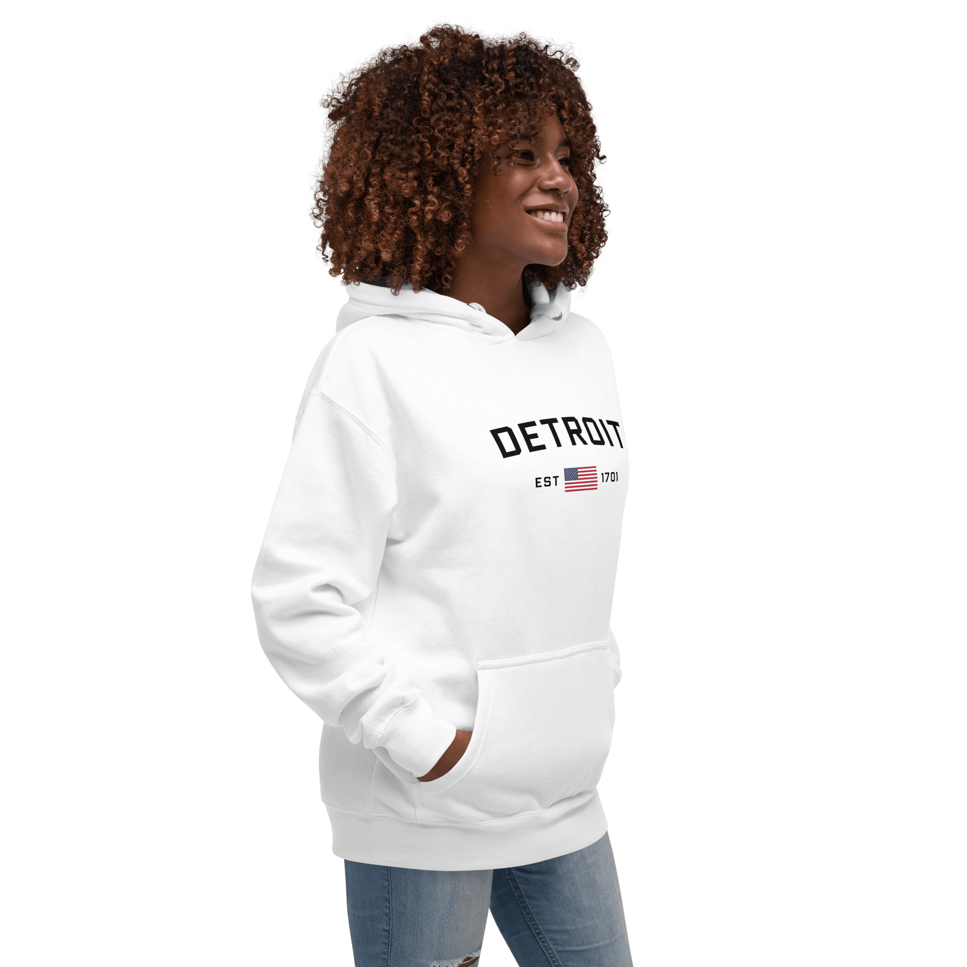 'Detroit EST 1701' Hoodie (w/ United States Flag) | Unisex Premium - Circumspice Michigan