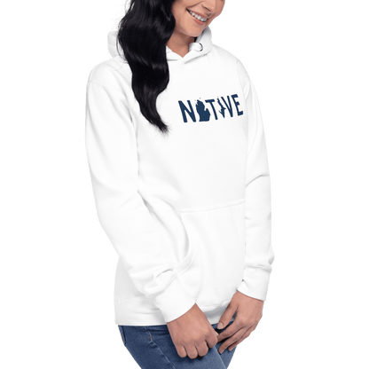 Michigan 'Native' Hoodie (White/Navy Licence Plate Font) | Unisex Premium - Circumspice Michigan