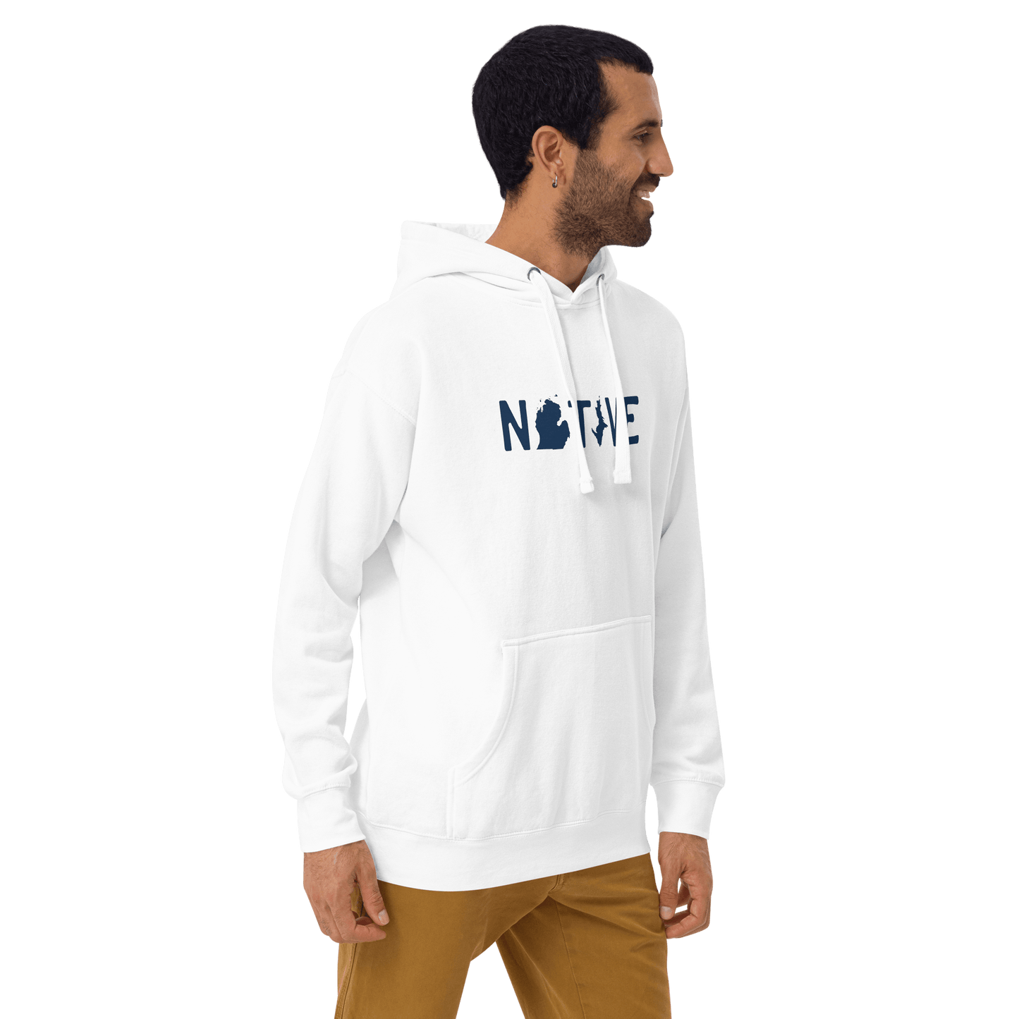 Michigan 'Native' Hoodie (White/Navy Licence Plate Font) | Unisex Premium - Circumspice Michigan