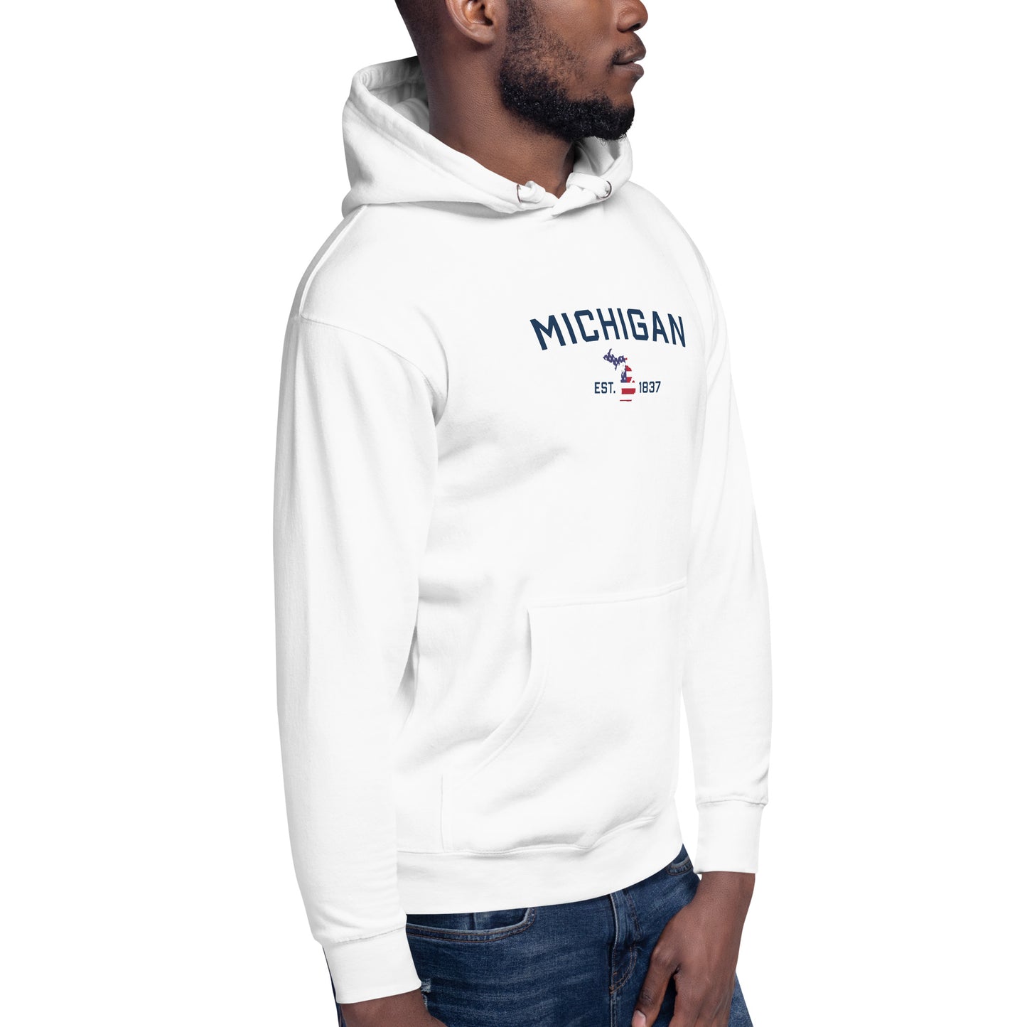 'Michigan EST 1837' Unisex Premium Hoodie (w/ USA Flag MI Outline)