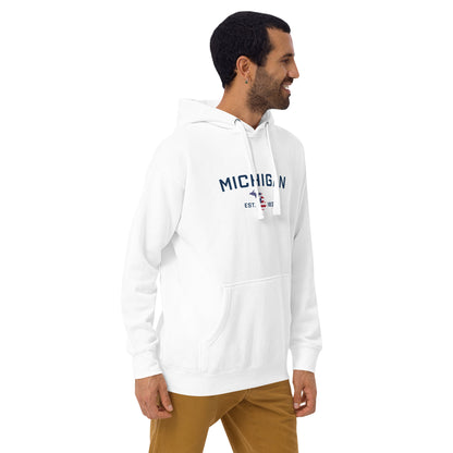 'Michigan EST 1837' Unisex Premium Hoodie (w/ USA Flag MI Outline)