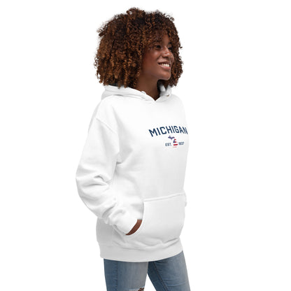 'Michigan EST 1837' Unisex Premium Hoodie (w/ USA Flag MI Outline)