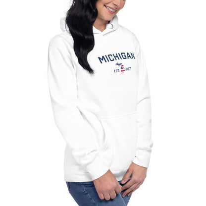 'Michigan EST 1837' Unisex Premium Hoodie (w/ USA Flag MI Outline)