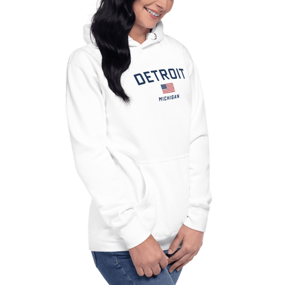 'Detroit Michigan' Hoodie (White/Navy w/ USA Flag) | Unisex Premium - Circumspice Michigan