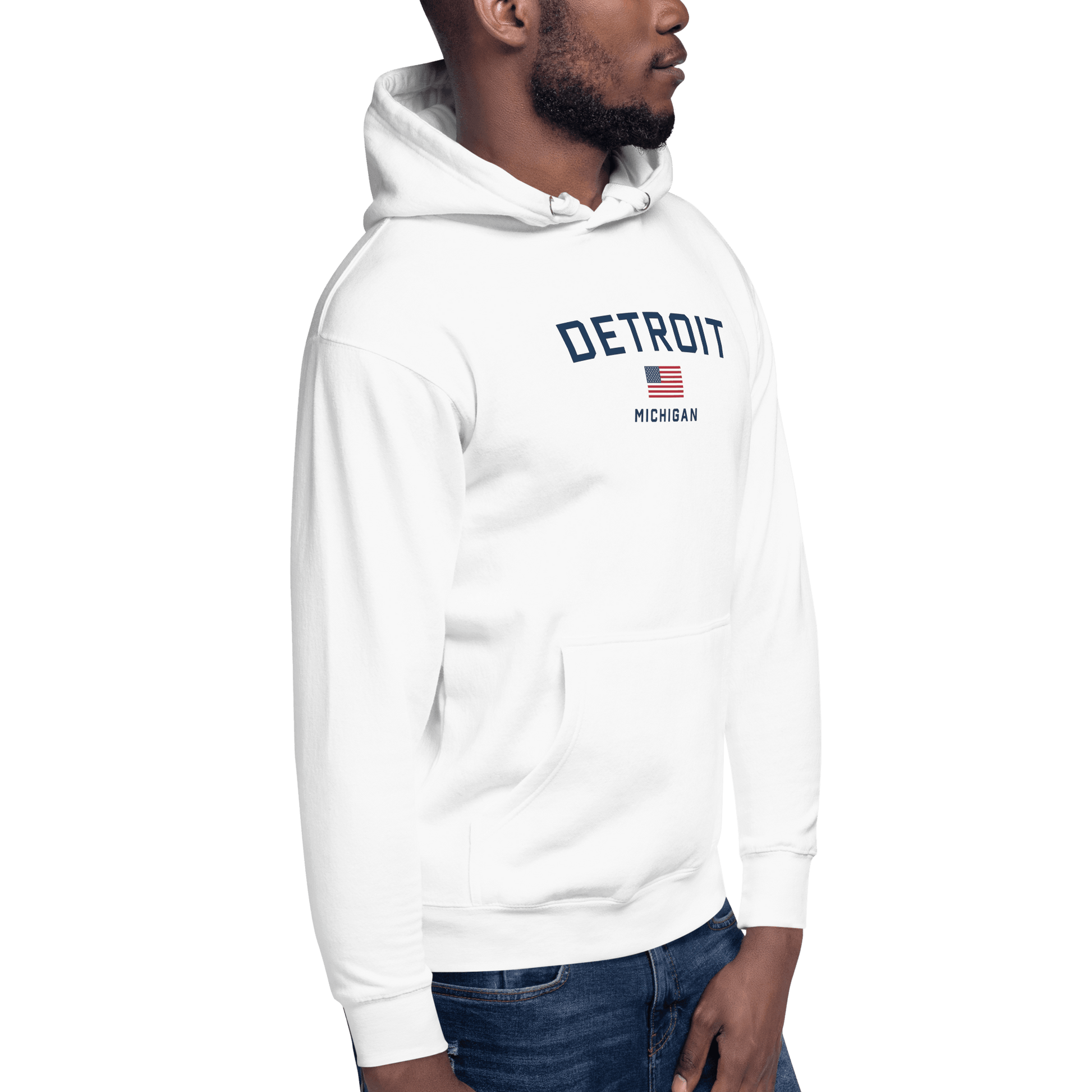 'Detroit Michigan' Hoodie (White/Navy w/ USA Flag) | Unisex Premium - Circumspice Michigan