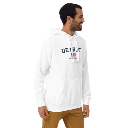 'Detroit Michigan' Hoodie (White/Navy w/ USA Flag) | Unisex Premium - Circumspice Michigan