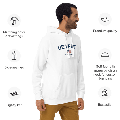 'Detroit Michigan' Hoodie (White/Navy w/ USA Flag) | Unisex Premium - Circumspice Michigan