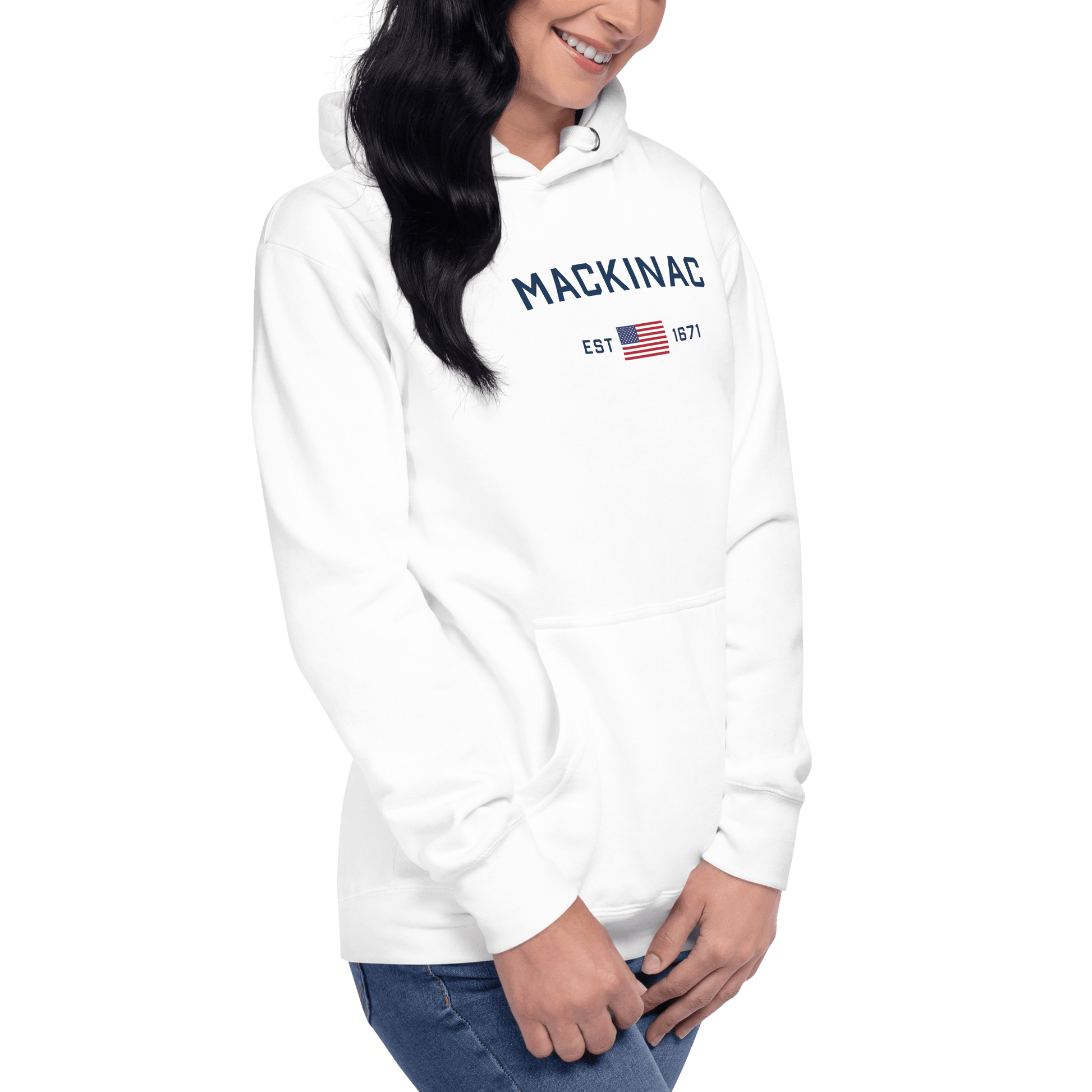 'Mackinac EST 1671' Hoodie (w/ USA Flag Outline) | Unisex Premium - Circumspice Michigan