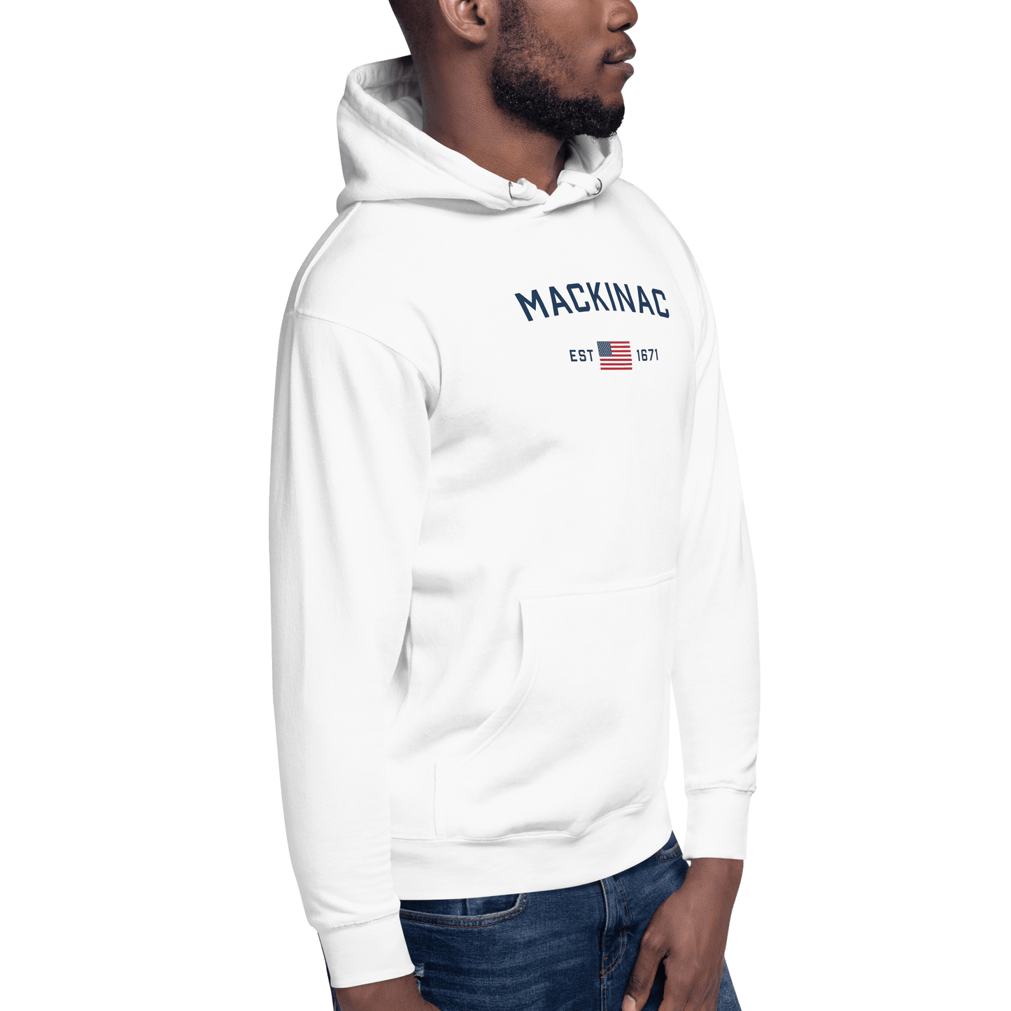 'Mackinac EST 1671' Hoodie (w/ USA Flag Outline) | Unisex Premium - Circumspice Michigan