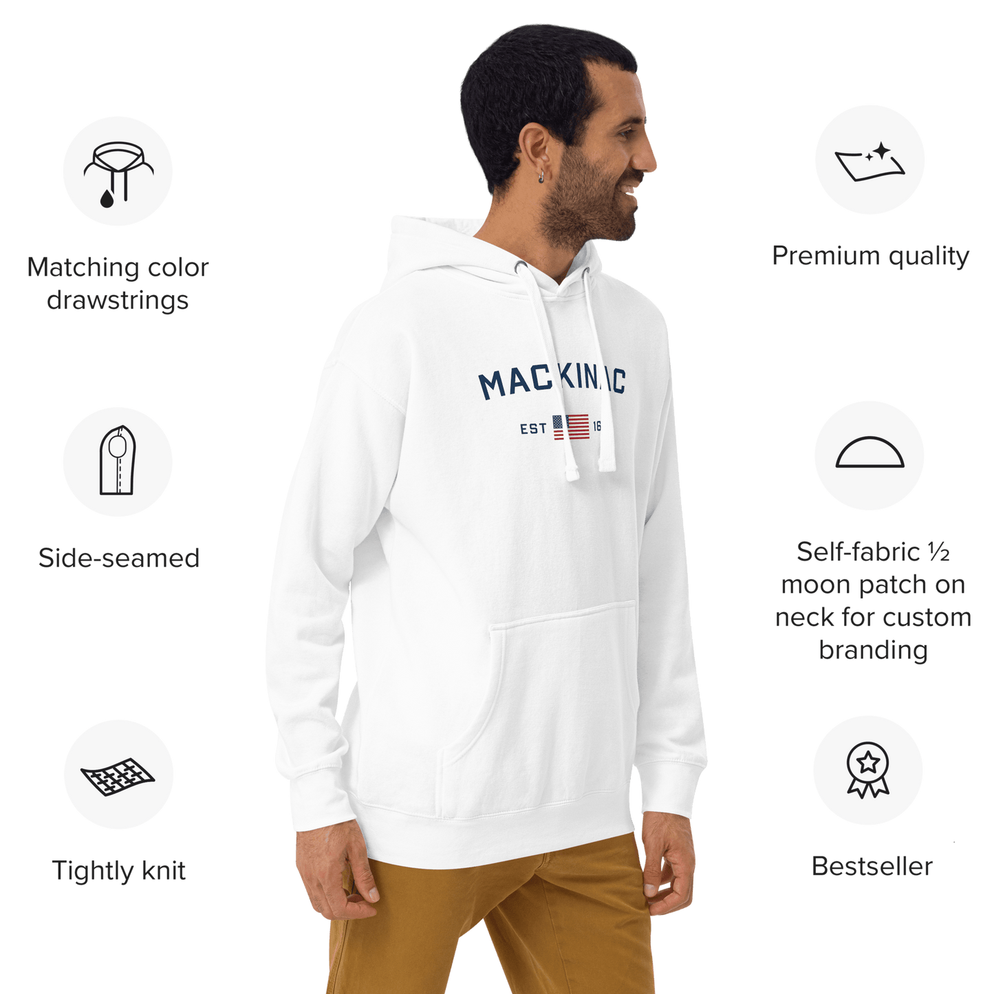 'Mackinac EST 1671' Hoodie (w/ USA Flag Outline) | Unisex Premium - Circumspice Michigan