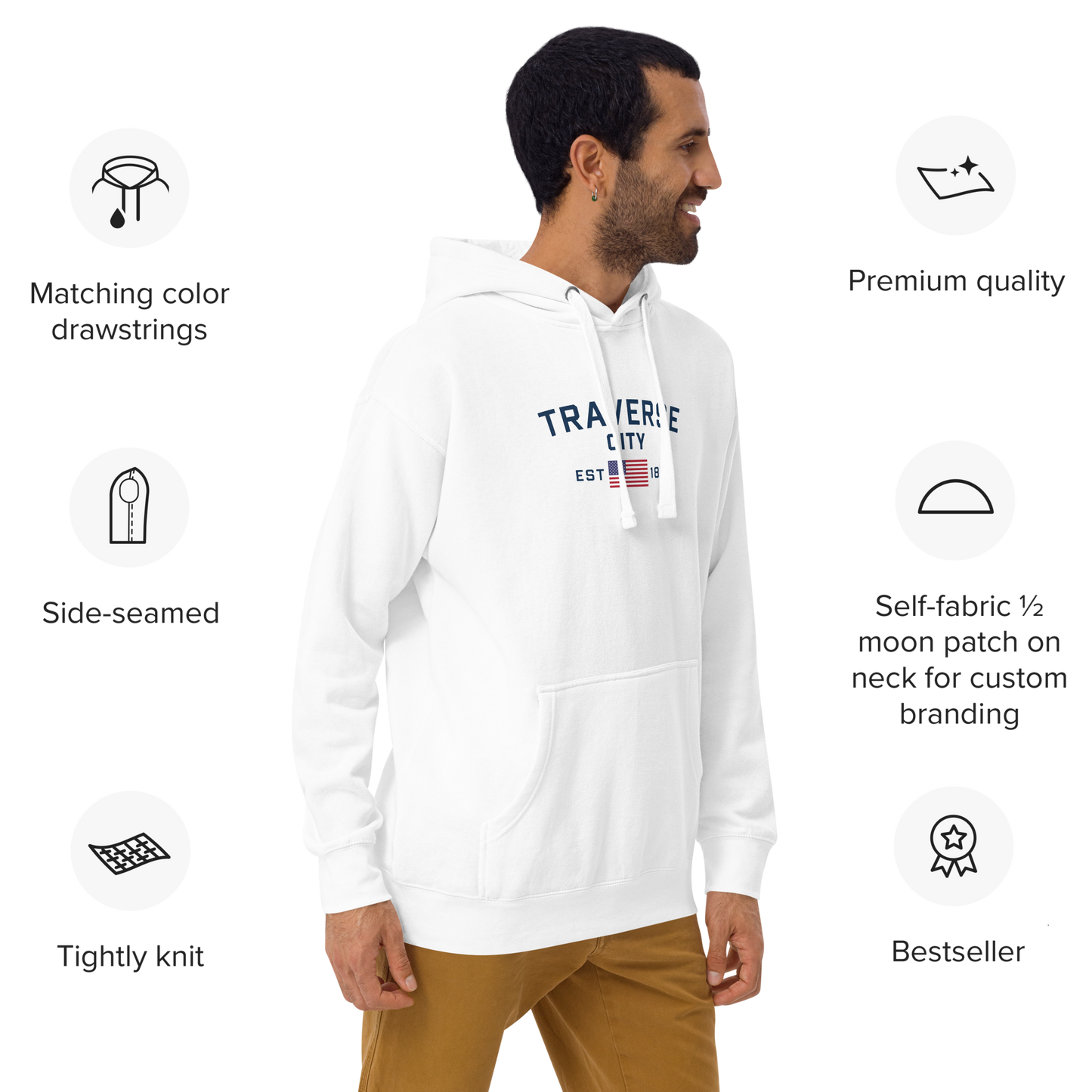 'Traverse City EST 1851' Unisex Premium Hoodie (w/ USA Flag Outline)