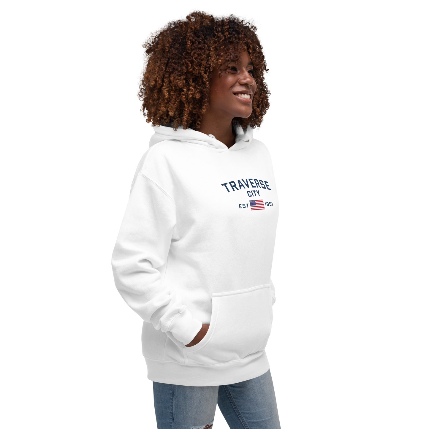 'Traverse City EST 1851' Unisex Premium Hoodie (w/ USA Flag Outline)