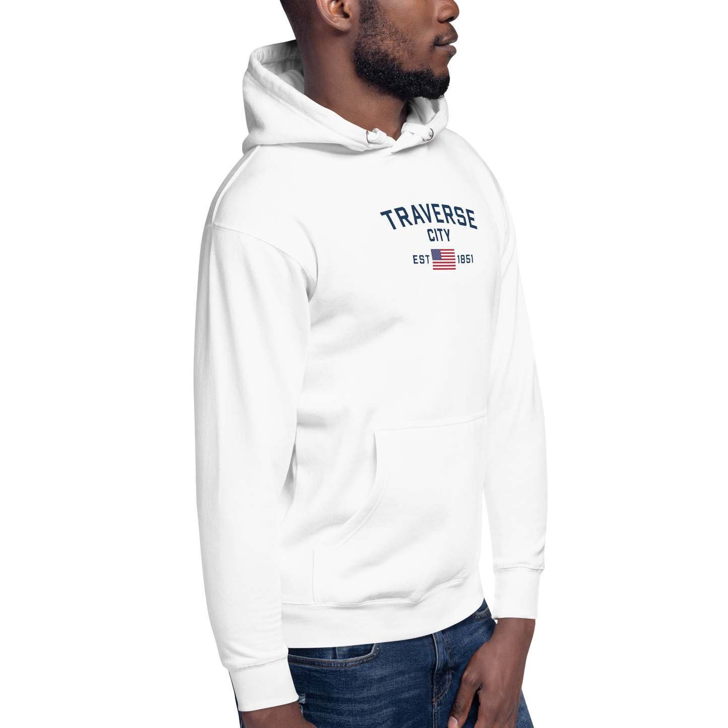 'Traverse City EST 1851' Unisex Premium Hoodie (w/ USA Flag Outline)