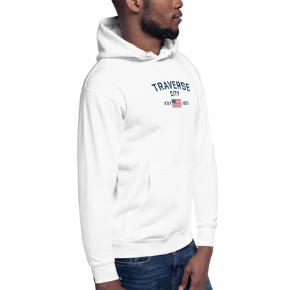 'Traverse City EST 1851' Unisex Premium Hoodie (w/ USA Flag Outline)