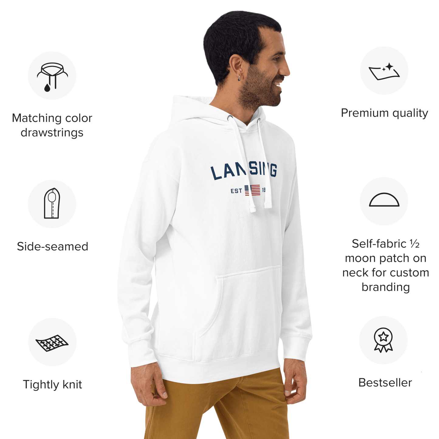 'Lansing EST 1848' Hoodie (w/. USA Flag Outline) | Unisex Premium - Circumspice Michigan