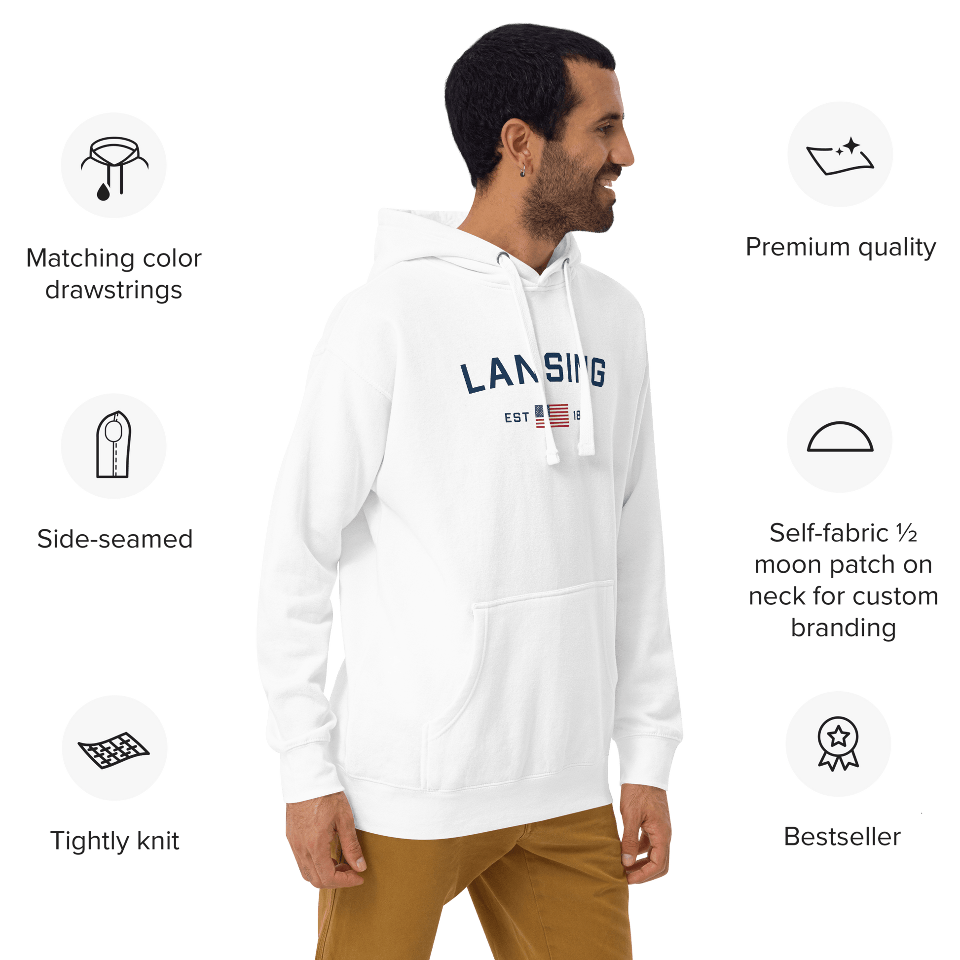 'Lansing EST 1848' Hoodie (w/. USA Flag Outline) | Unisex Premium - Circumspice Michigan