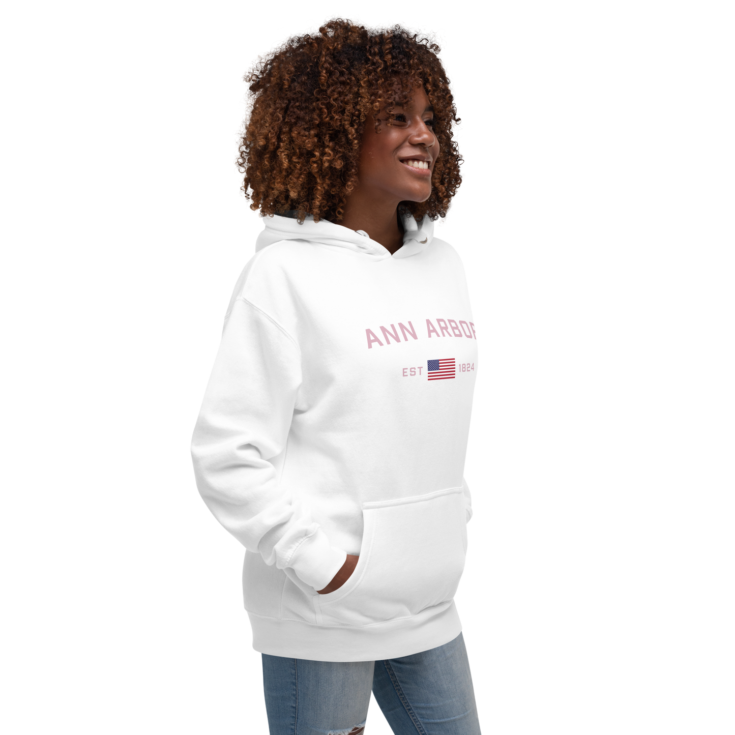 'Ann Arbor 1824' Unisex Premium Hoodie (Pink Type w/USA Flag Outline)