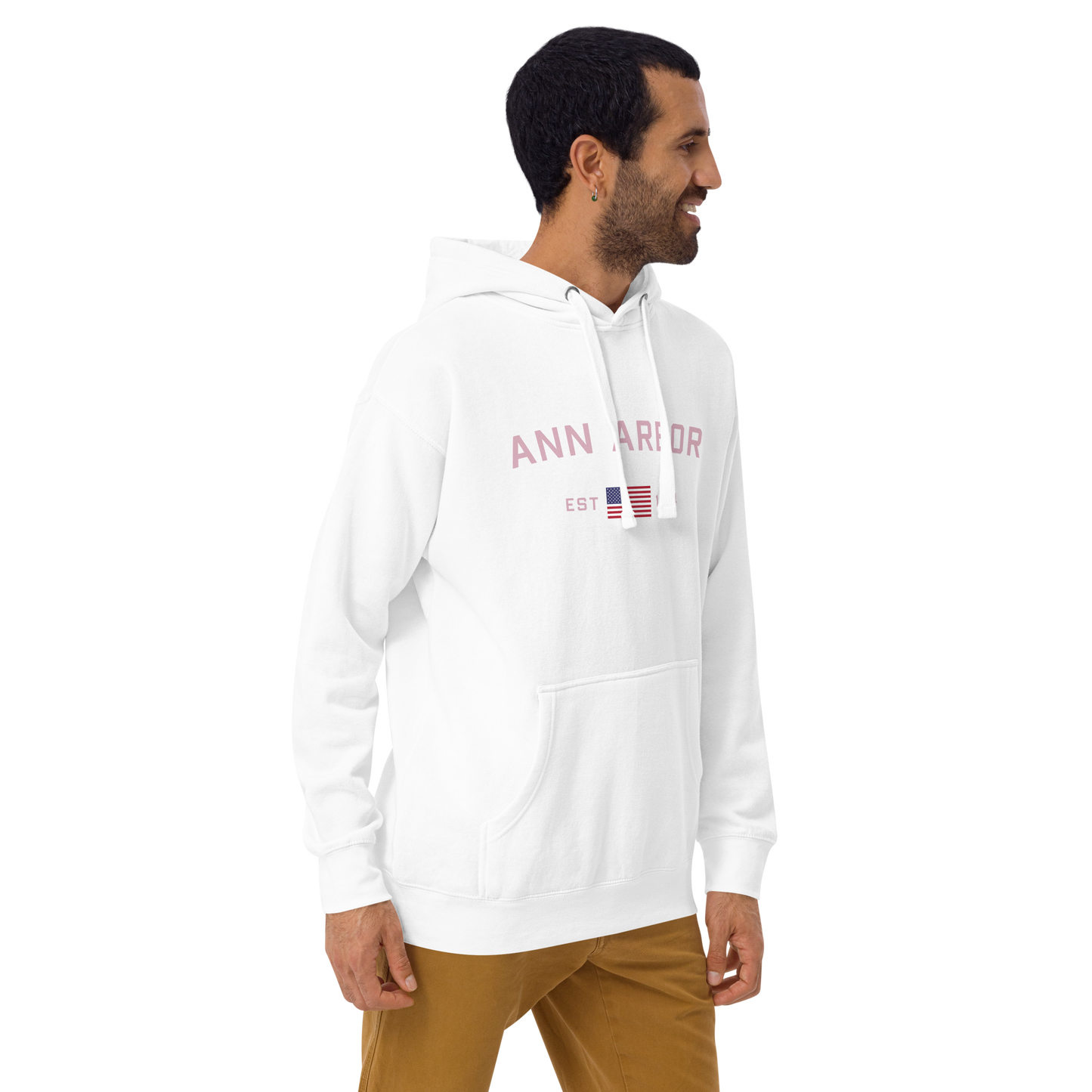 'Ann Arbor 1824' Unisex Premium Hoodie (Pink Type w/USA Flag Outline)