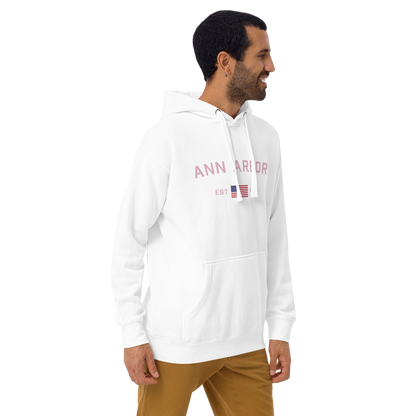 'Ann Arbor 1824' Unisex Premium Hoodie (Pink Type w/USA Flag Outline)