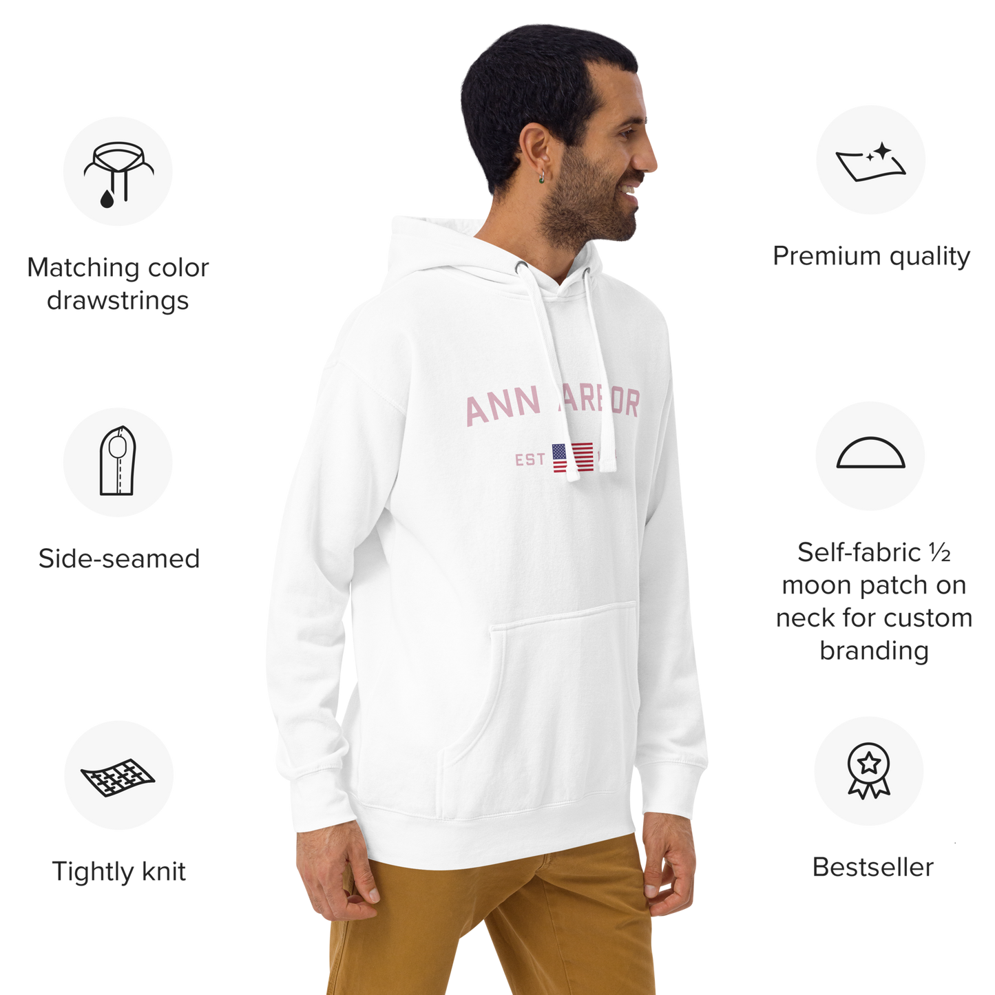 'Ann Arbor 1824' Unisex Premium Hoodie (Pink Type w/USA Flag Outline)