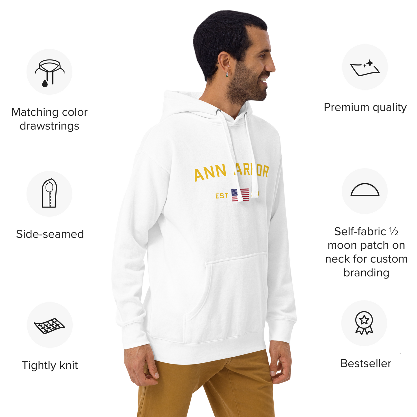 'Ann Arbor EST 1824' Unisex Premium Hoodie (Gold Type w/USA Flag Outline)